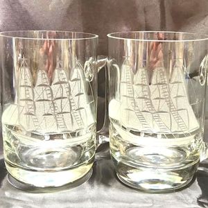 MCM Vintage Glass Ship/Schooner Etched Large Mugs Hand Blown Glass